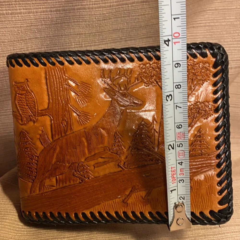 Handmade leather wallet w/hunting scene deer, owl